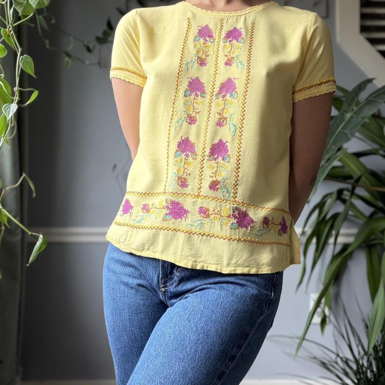 Vintage Sunshine Yellow Embroidered Blouse (XS/S)